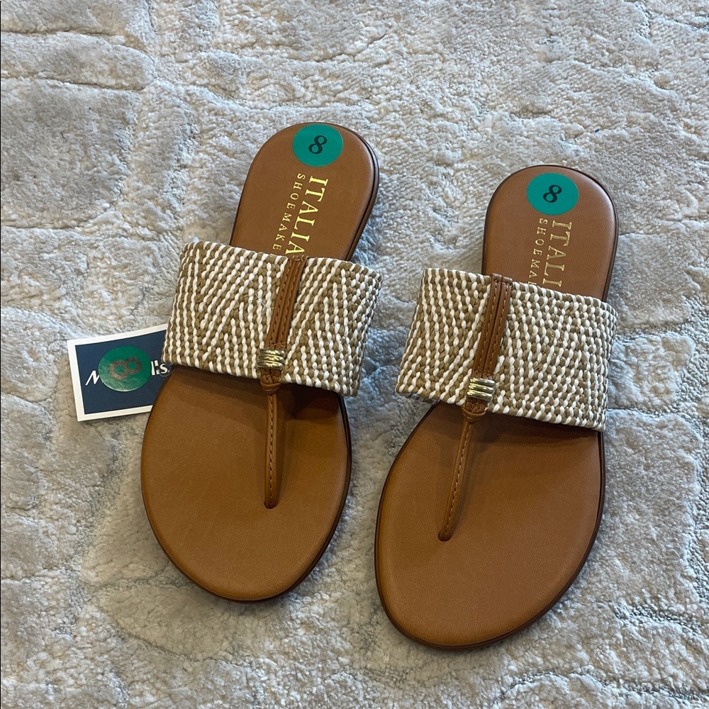 Italian shoemakers Tan & Cream Woven Toe-Post Sandals